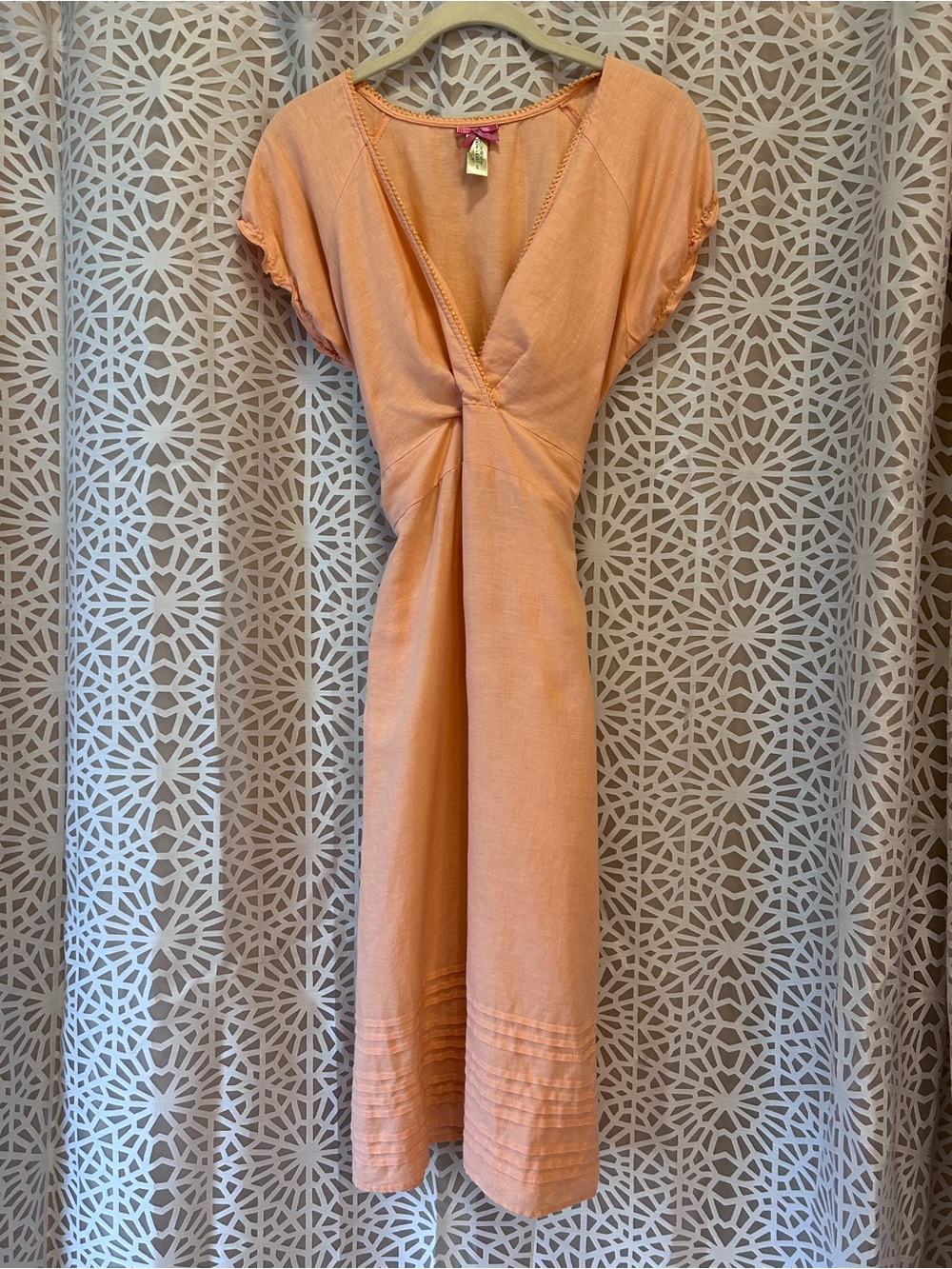 DownEast Peach V-Neck Midi Dress with Pintuck Hemline Linen Cotton Blend Size S
